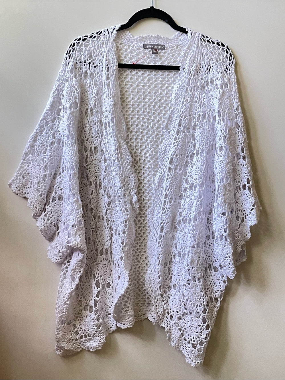 Jessica London White Crochet Open Front Cardigan Cover-Up Boho Lace Kimono Top - Picture 2 of 9